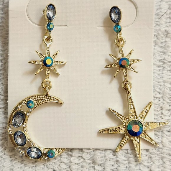 Sun Moon Stars Blue Rhinestone Asymmetrical Drop Earrings - NEW - Picture 6 of 6